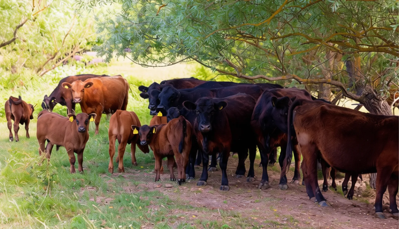 Vaci și viței Black și Red Angus la umbră, pe pășunea fermei