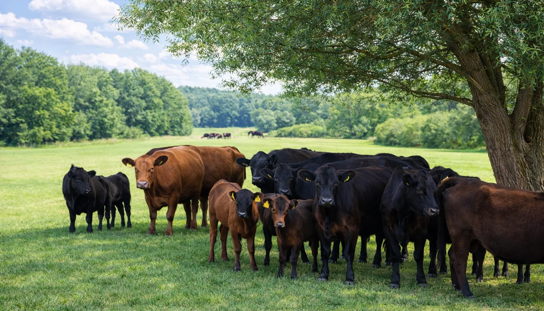 Cireadă de vaci Angus la umbra copacilor